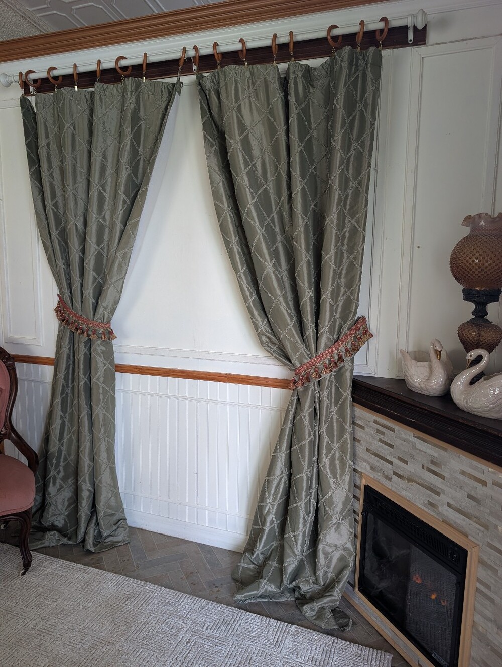 Custom Curtain Panels (2) Green Satin 100W x 87L Cotton Lined Tie Backs Tassel - Picture 3 of 14